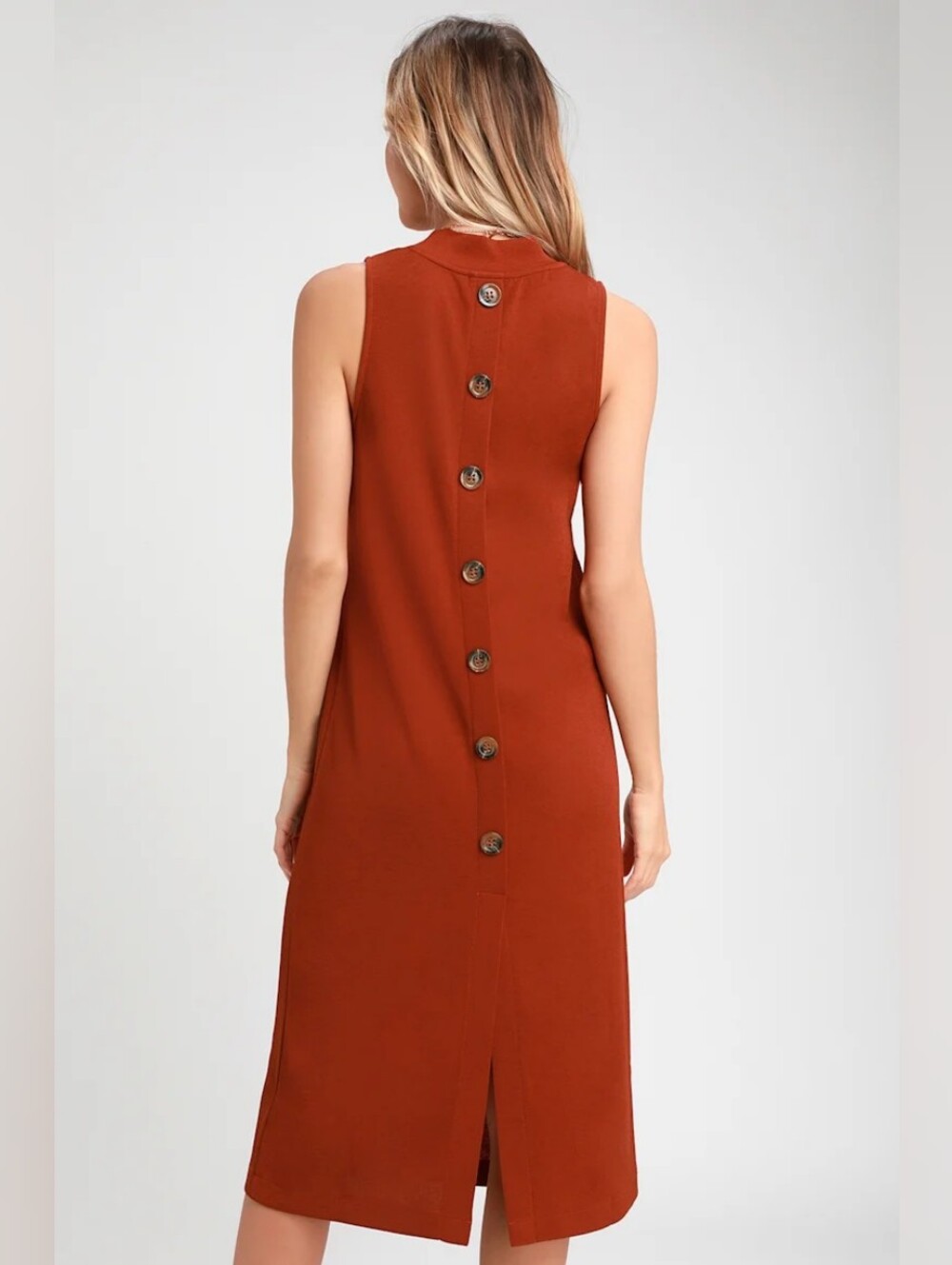 EUC•Lulu's Tranquil Rust Orange Mock Neck Button-Back Sleeveless Midi Dress•M🍂